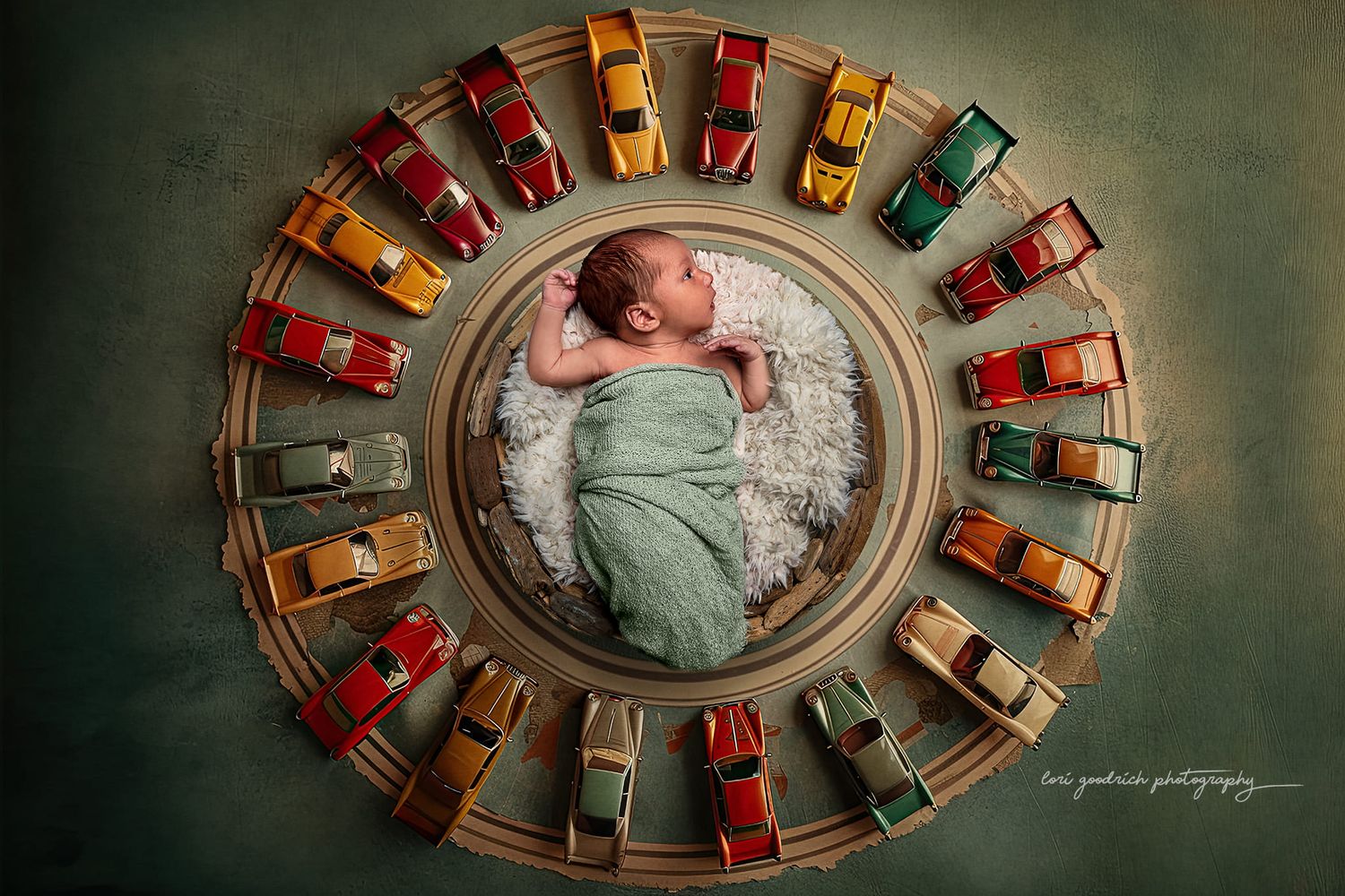 A newborn baby nestled in the center of a circular arrangement of colorful vintage toy cars on a green backdrop.