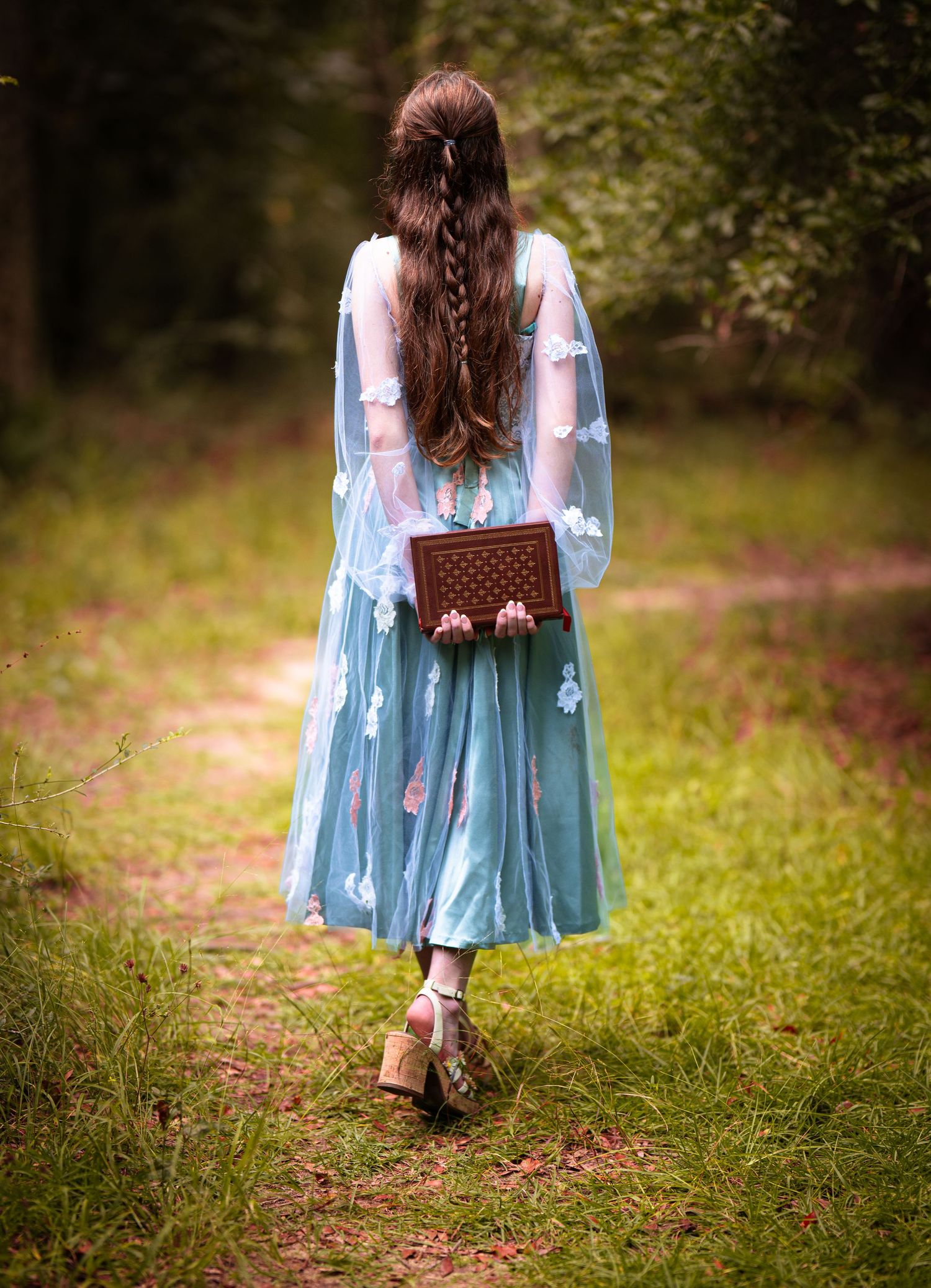 Back view of a blue vintage-style dress with a leather book being held behind against a forest path background.