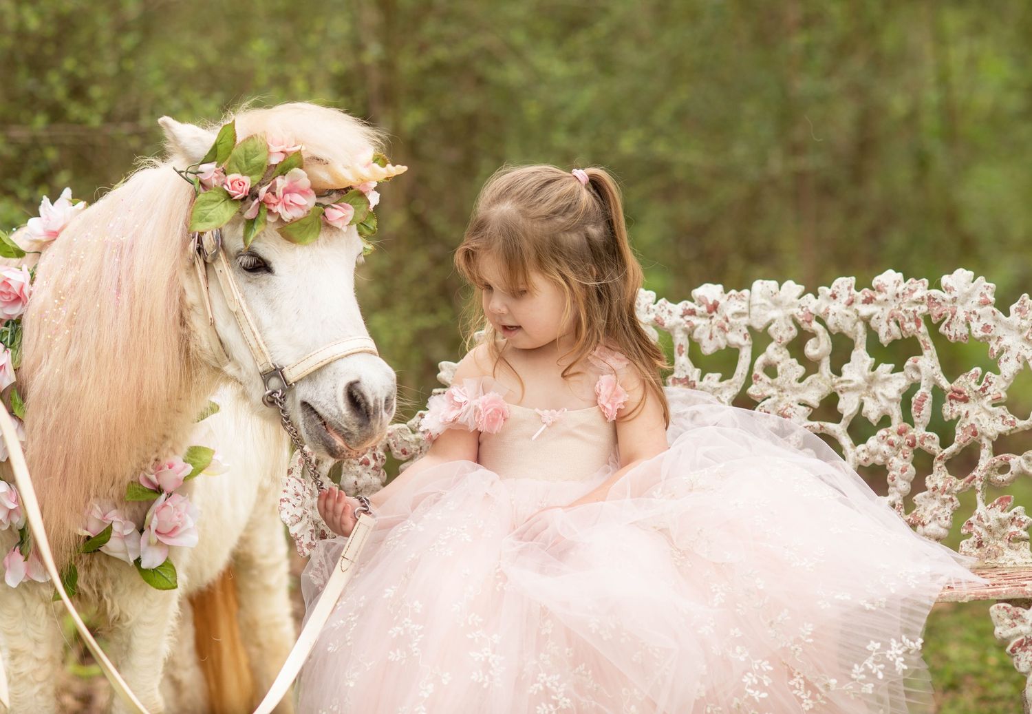 Photograhy, photographer, Mobile, AL Enchanting scene of young child in pink dress with decorated pony in flower garden.