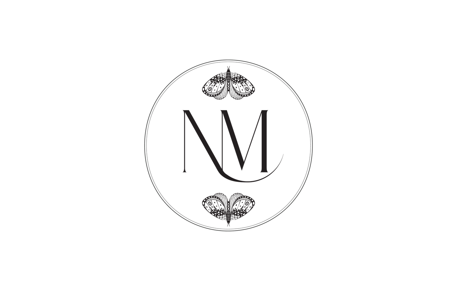 A circular monogram logo design in black featuring the letters 'NM' with decorative cloud-like elements above and below.