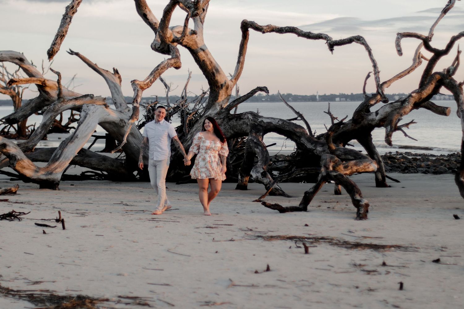 A couple walking on a beach with driftwood and twisted tree branches during sunset.