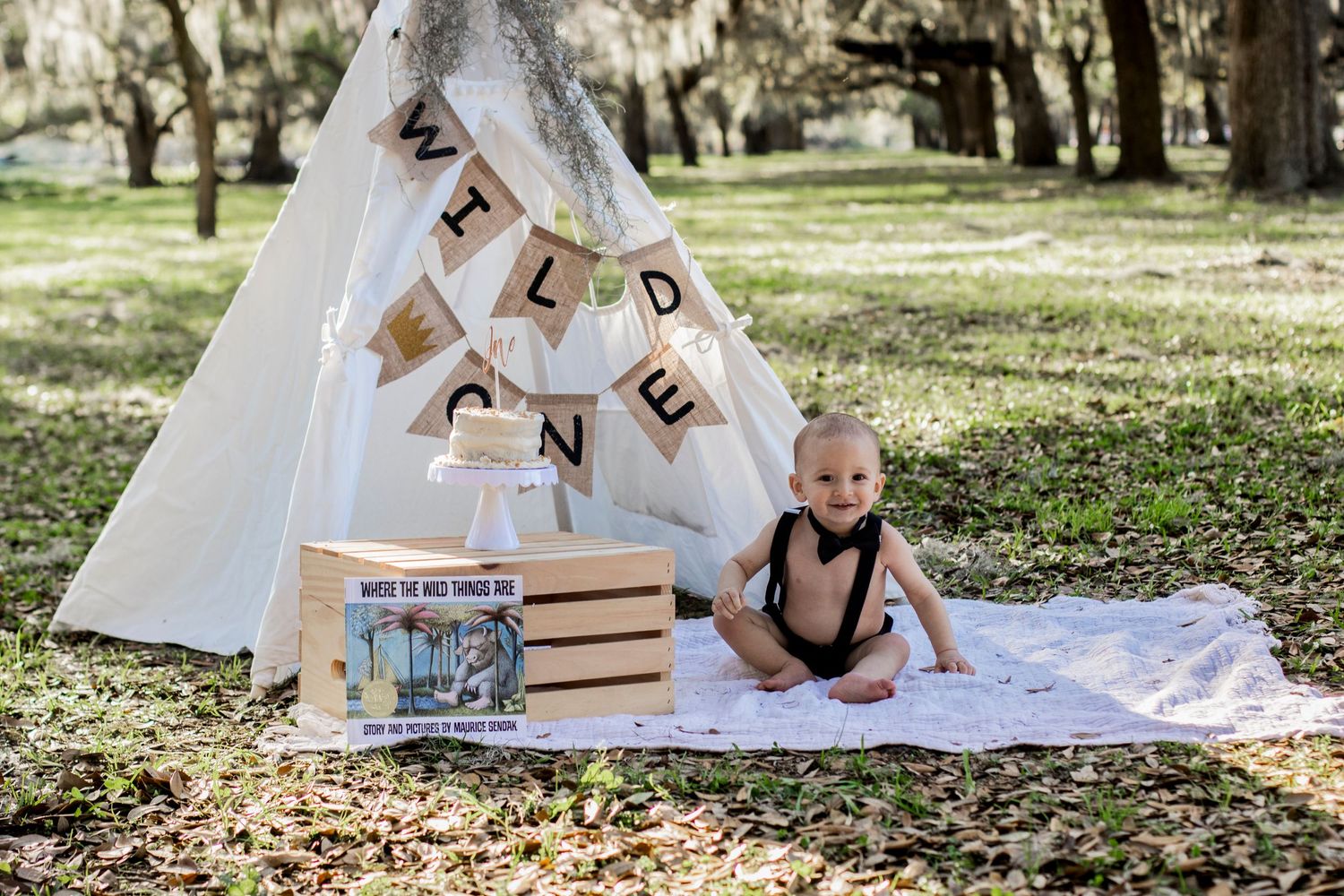 Outdoor birthday setup with white teepee tent and rustic decor.