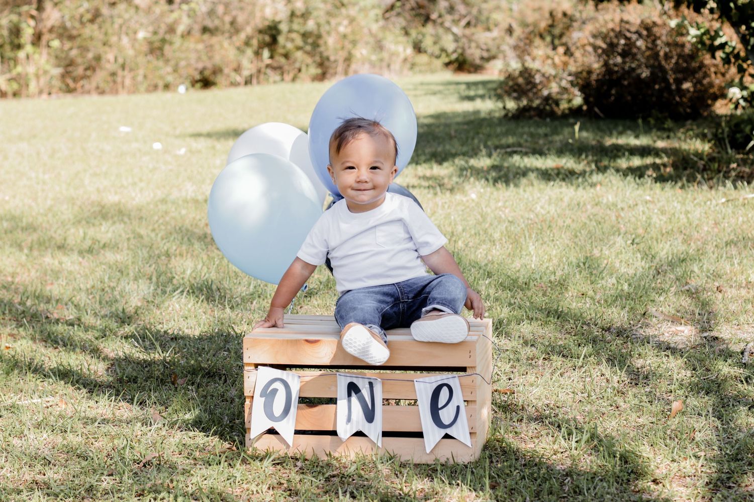 First birthday photo setup with wooden crates and blue balloons on grass.