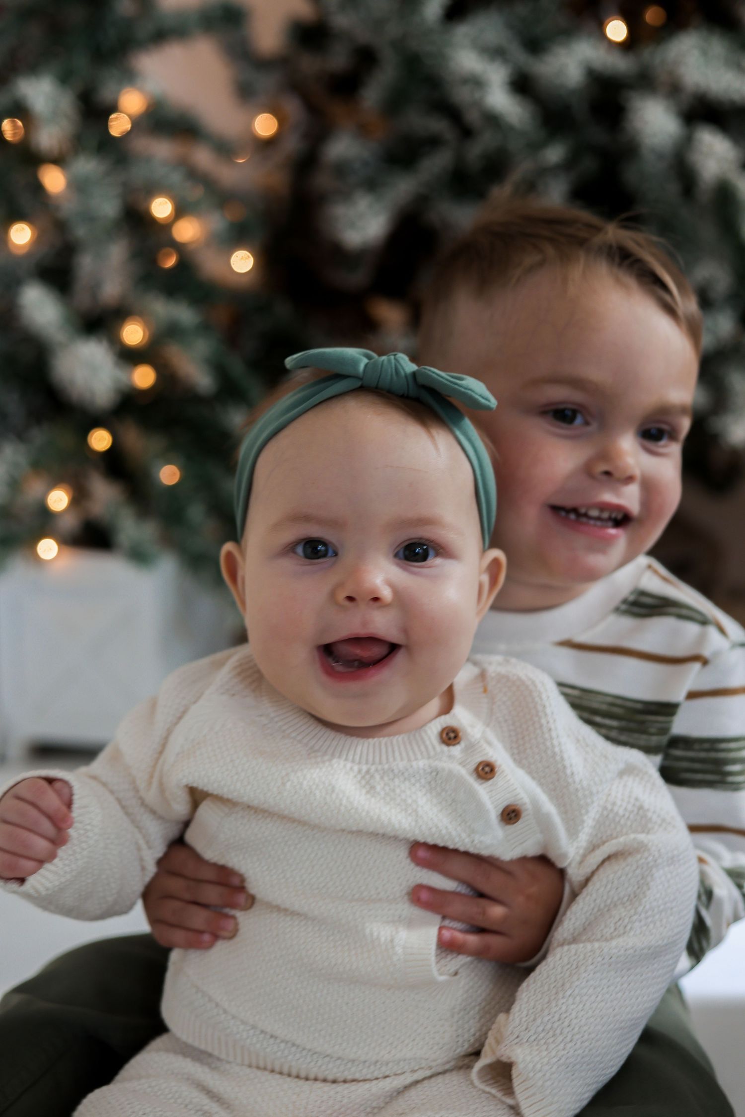 Holiday portrait with twinkling Christmas lights and decorated evergreen trees.