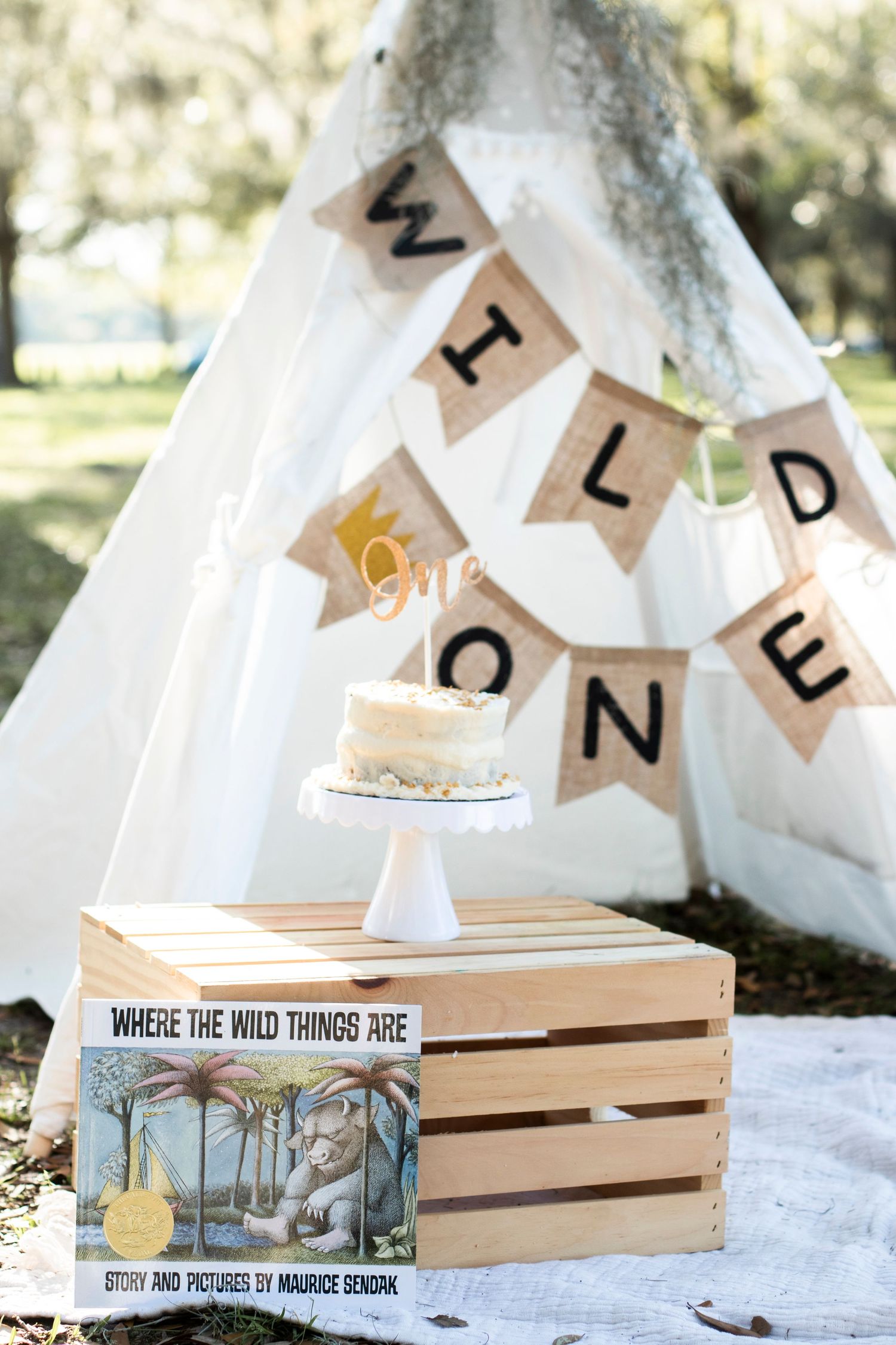 Where the Wild Things Are themed party setup with teepee and decorative banner.