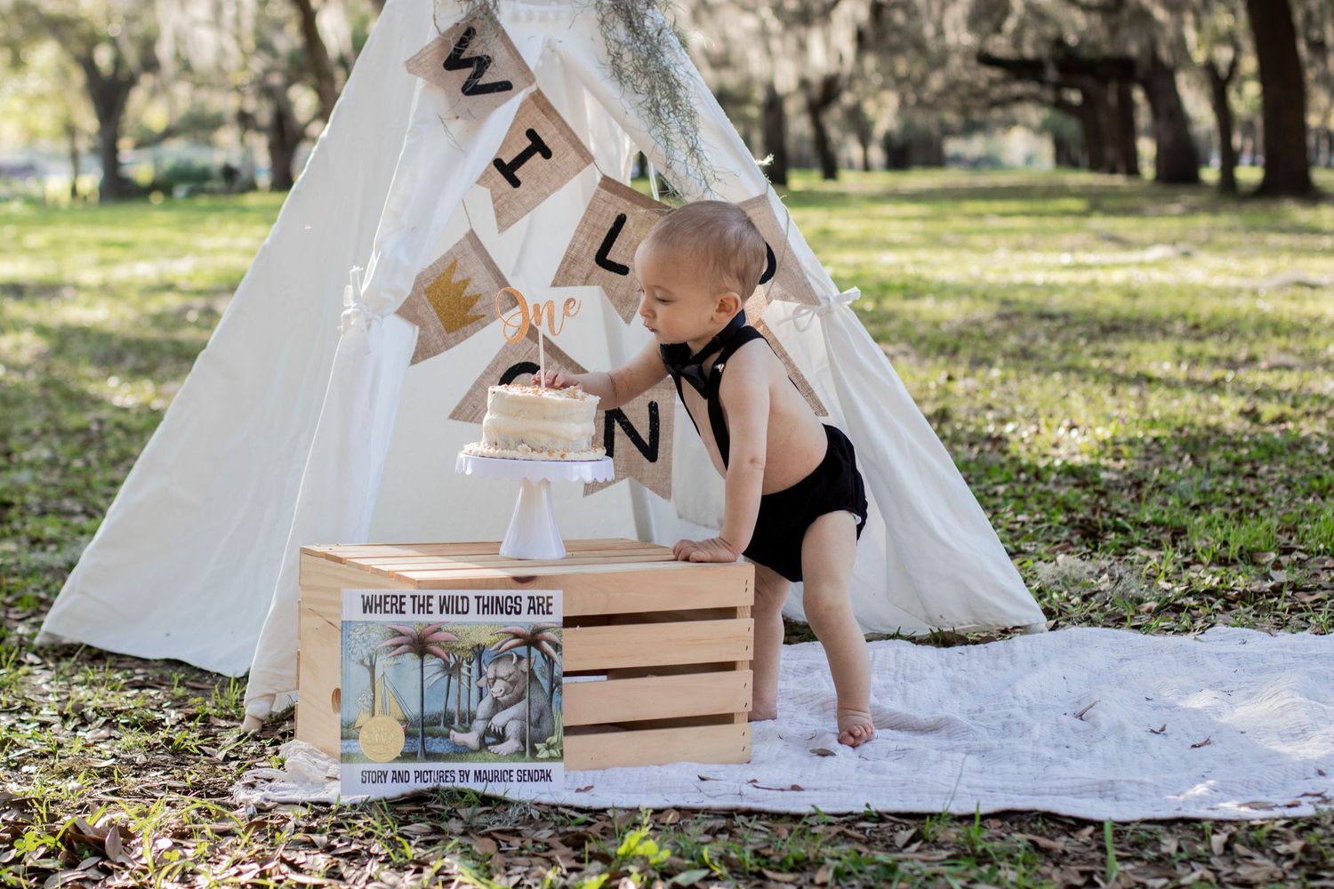 Birthday celebration setup with white teepee tent and wooden crates on blanket.