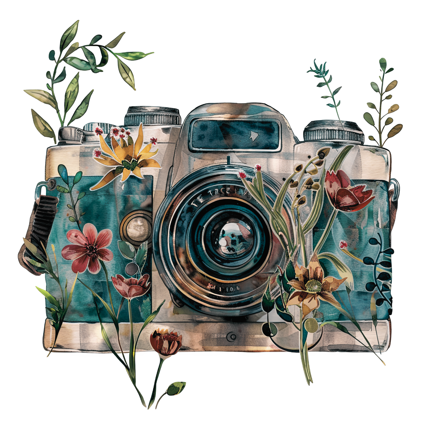 Artistic illustration of a vintage camera decorated with watercolor flowers and botanical elements.