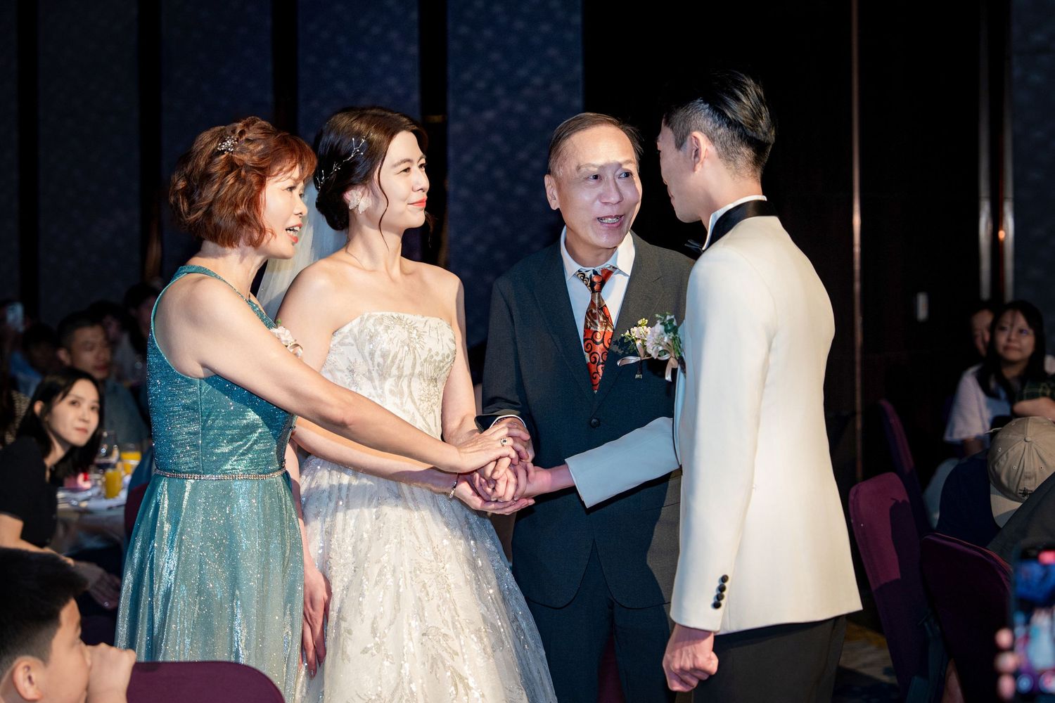 A series of wedding reception photos showing guests dancing and enjoying celebrations in formal attire.