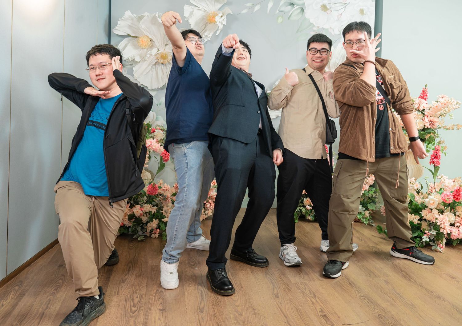 Collage of dancers performing various dance moves in a studio with wooden floors and white walls.