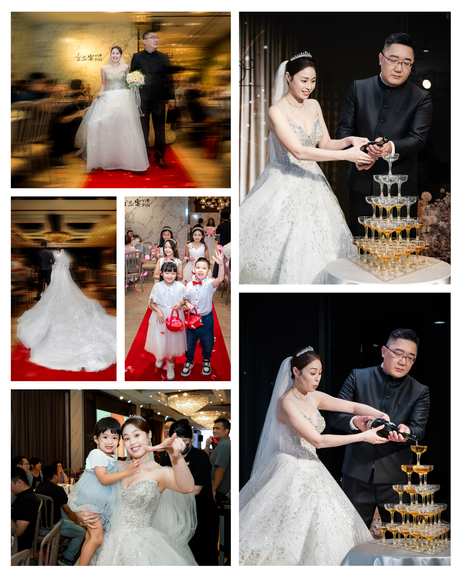 A wedding celebration features the pouring of champagne into an elegant tower of glasses creating a sparkling cascade effect.