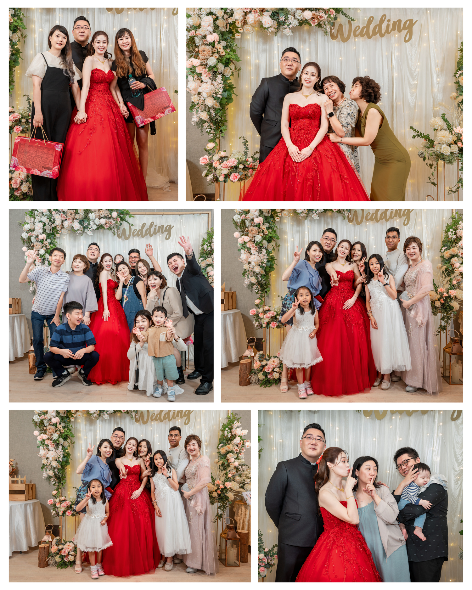 Wedding party group photos with guests in red and neutral formal attire posing against rustic wooden backdrop with floral decor.