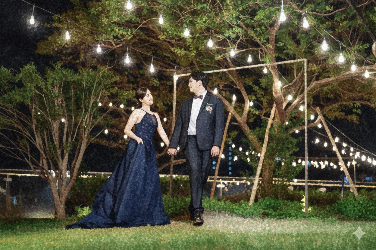 String lights illuminate an outdoor garden setting at dusk creating a romantic atmosphere.