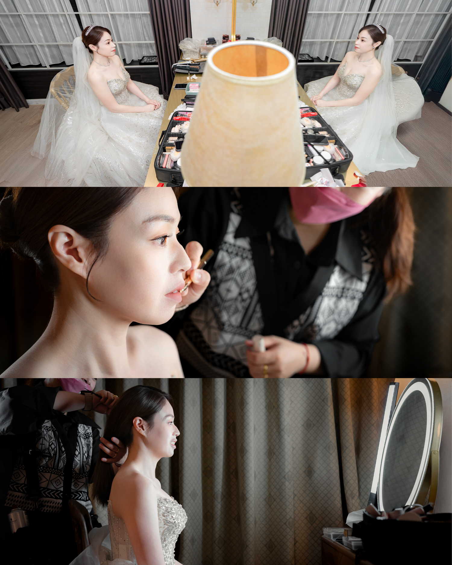 Wedding preparation scene showing makeup application and dress fitting in a bridal suite with mirrors and lighting.