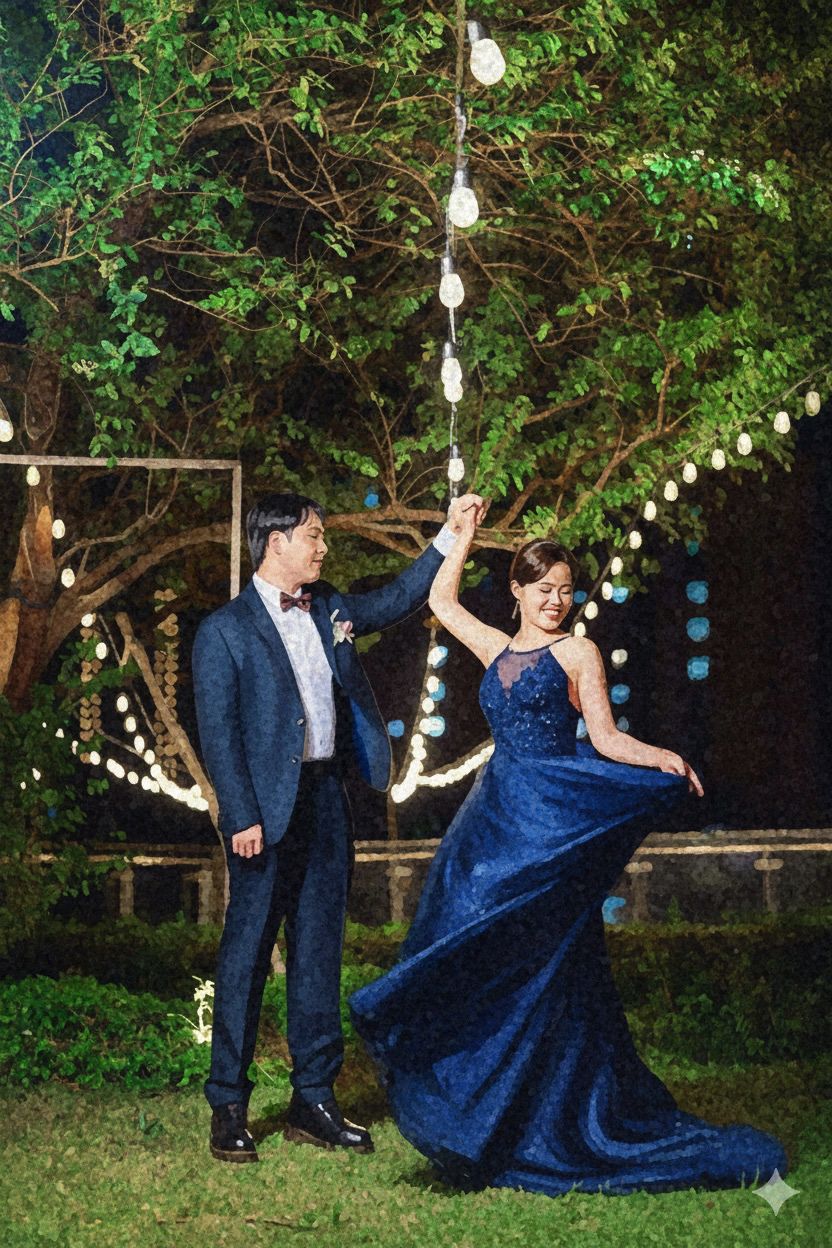 A couple in formal attire dances in a garden setting with string lights overhead creating a romantic atmosphere.