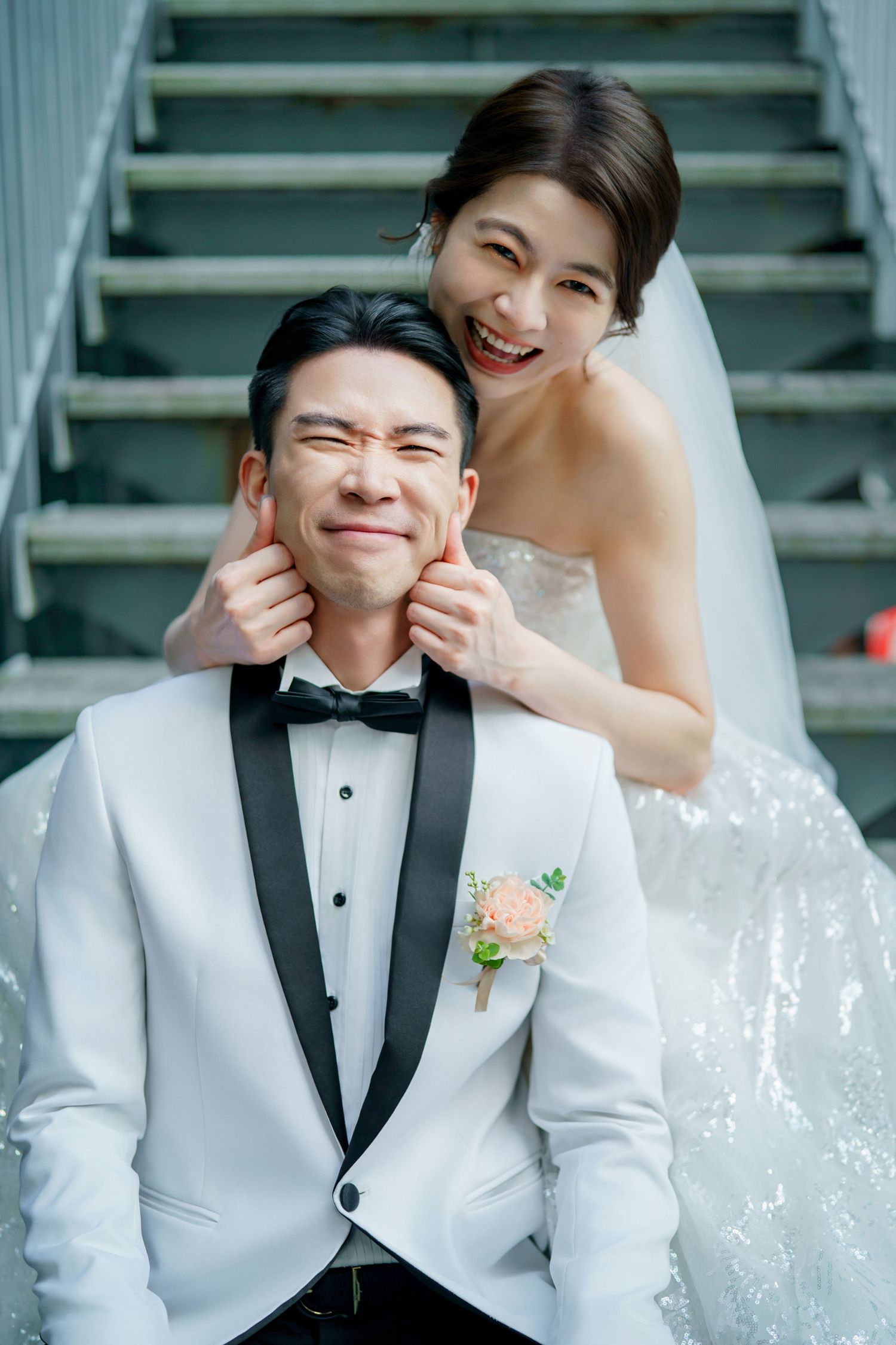 Playful newlywed couple sharing candid moments in a series of photos showing their joy and laughter during a wedding shoot.