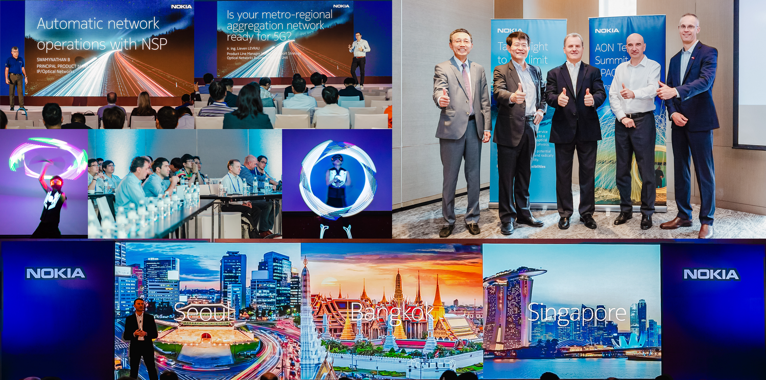 Corporate presentation featuring tech displays, award ceremonies and cityscape imagery.