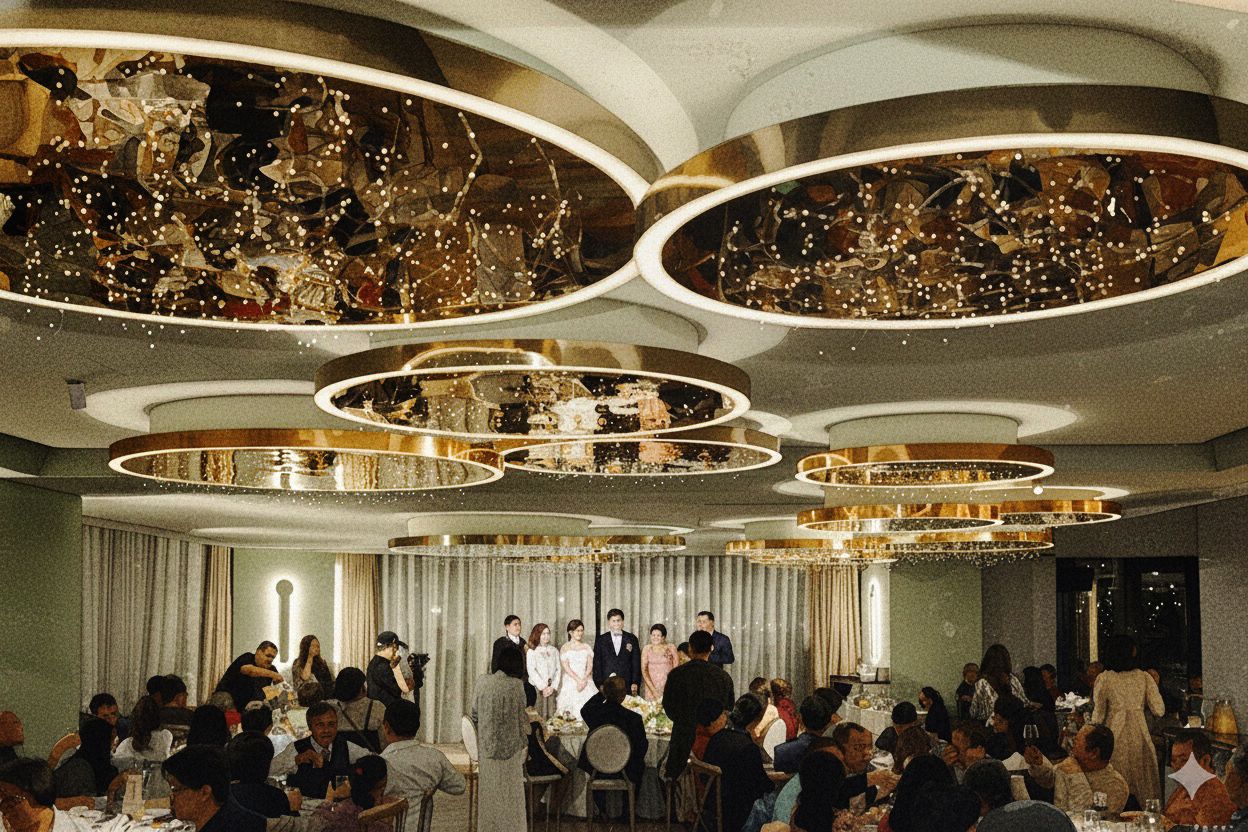 Panoramic view of a modern event space with elegant circular chandeliers and guests gathered for a celebration.