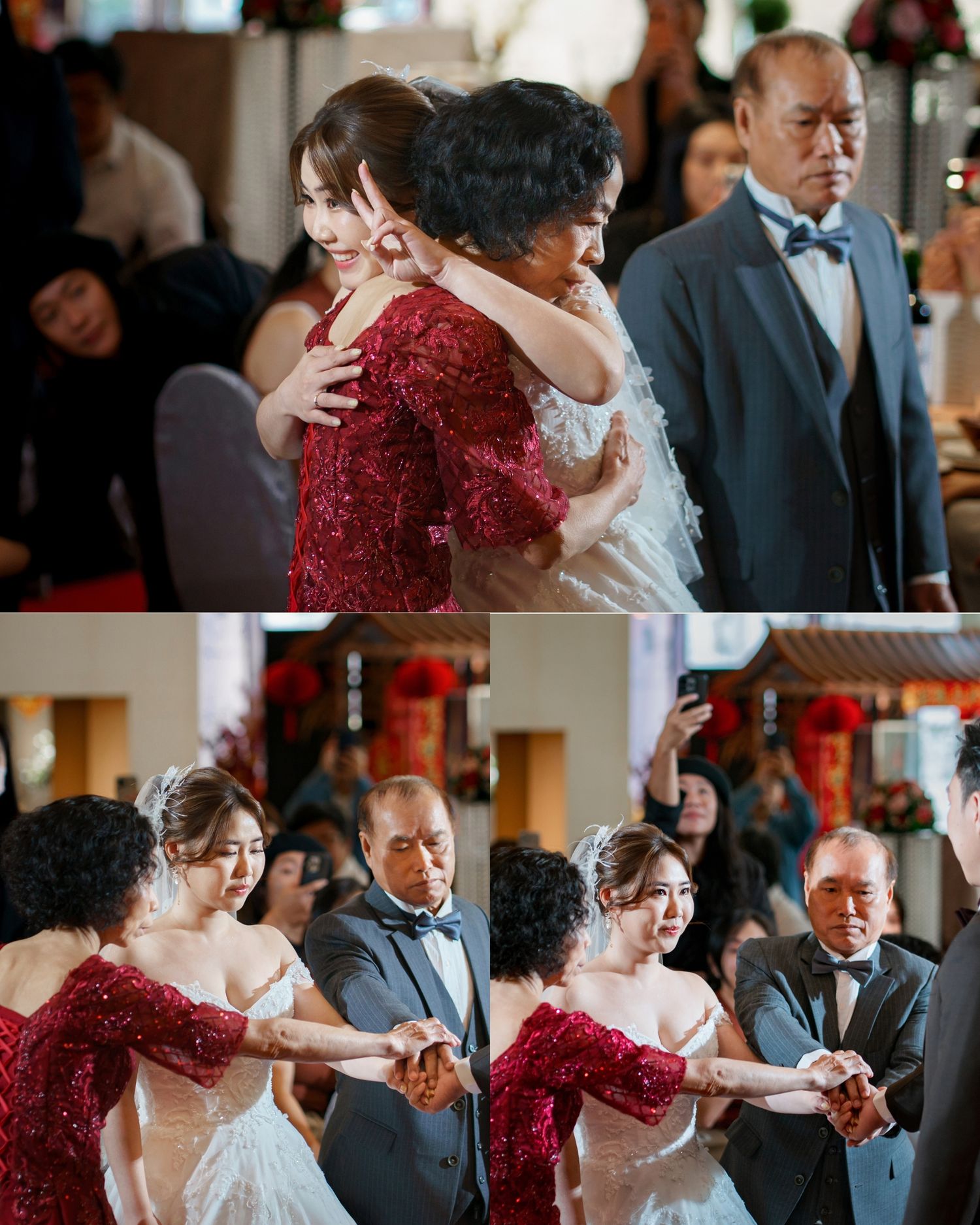 Emotional wedding ceremony moment with people embracing while wearing formal red and white attire in an indoor venue.