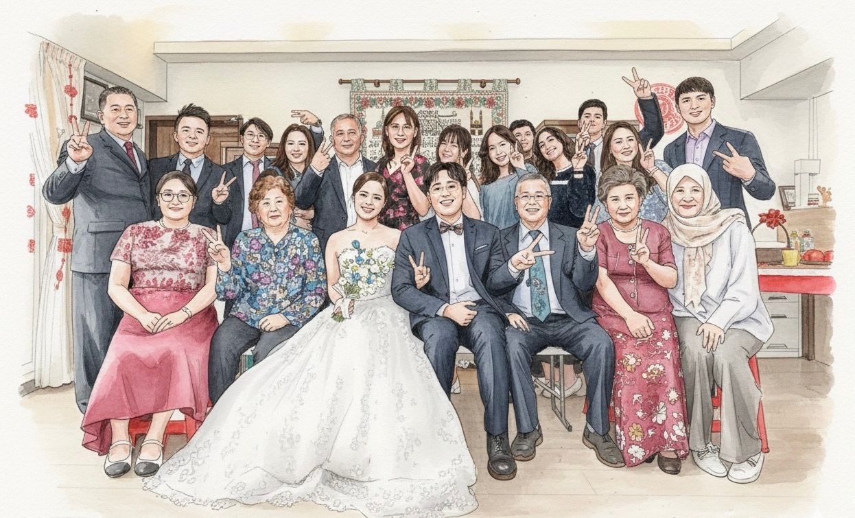 Wedding party and guests pose together for a group photo in a bright indoor venue.