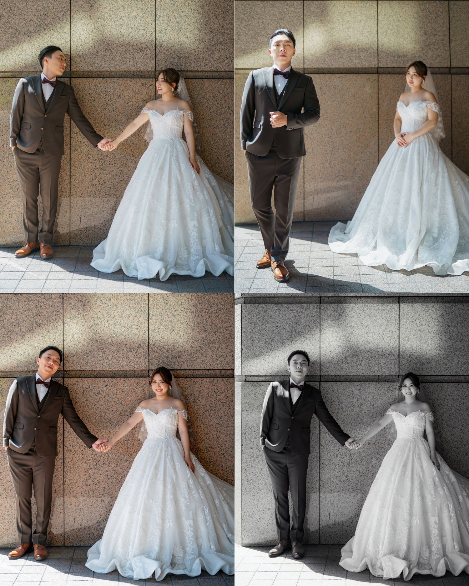 A couple in formal wedding attire poses playfully on stone steps during their outdoor photo session.
