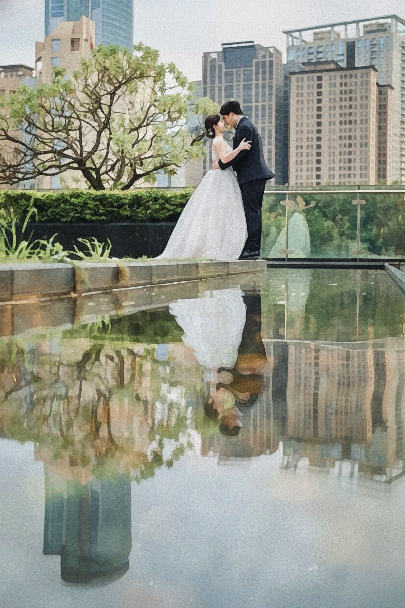 A romantic reflection in a pool captures a couple in formal attire against an urban skyline backdrop.
