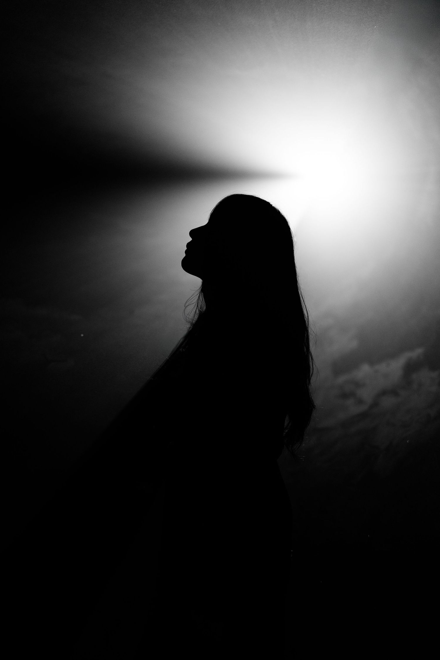 Silhouette of a woman with long hair gazing upward toward a bright light in a dramatic black and white photo.