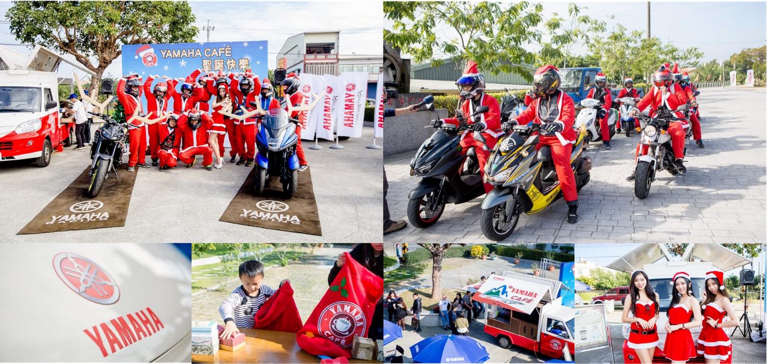 Group of motorcyclists in red outfits gathered for event with bikes on display.