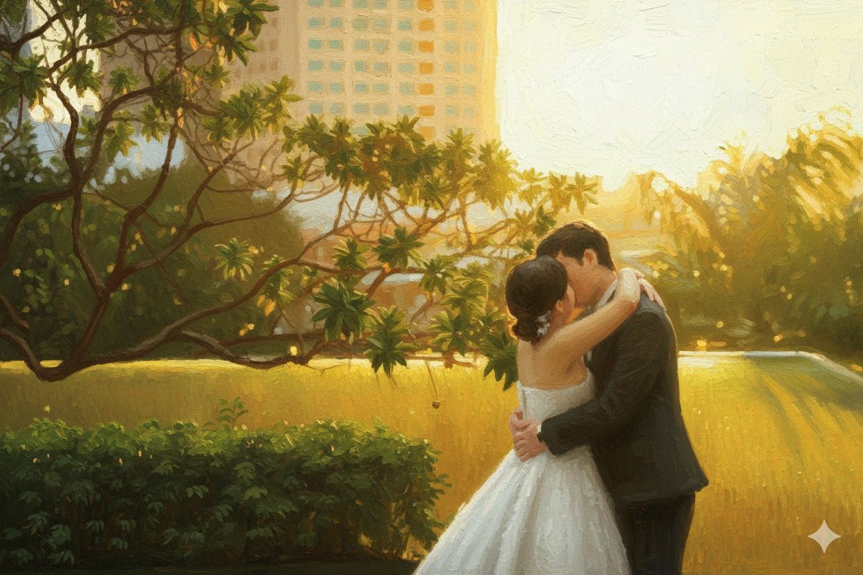 A couple embraces during golden hour in a romantic outdoor setting with sunlight streaming through trees.