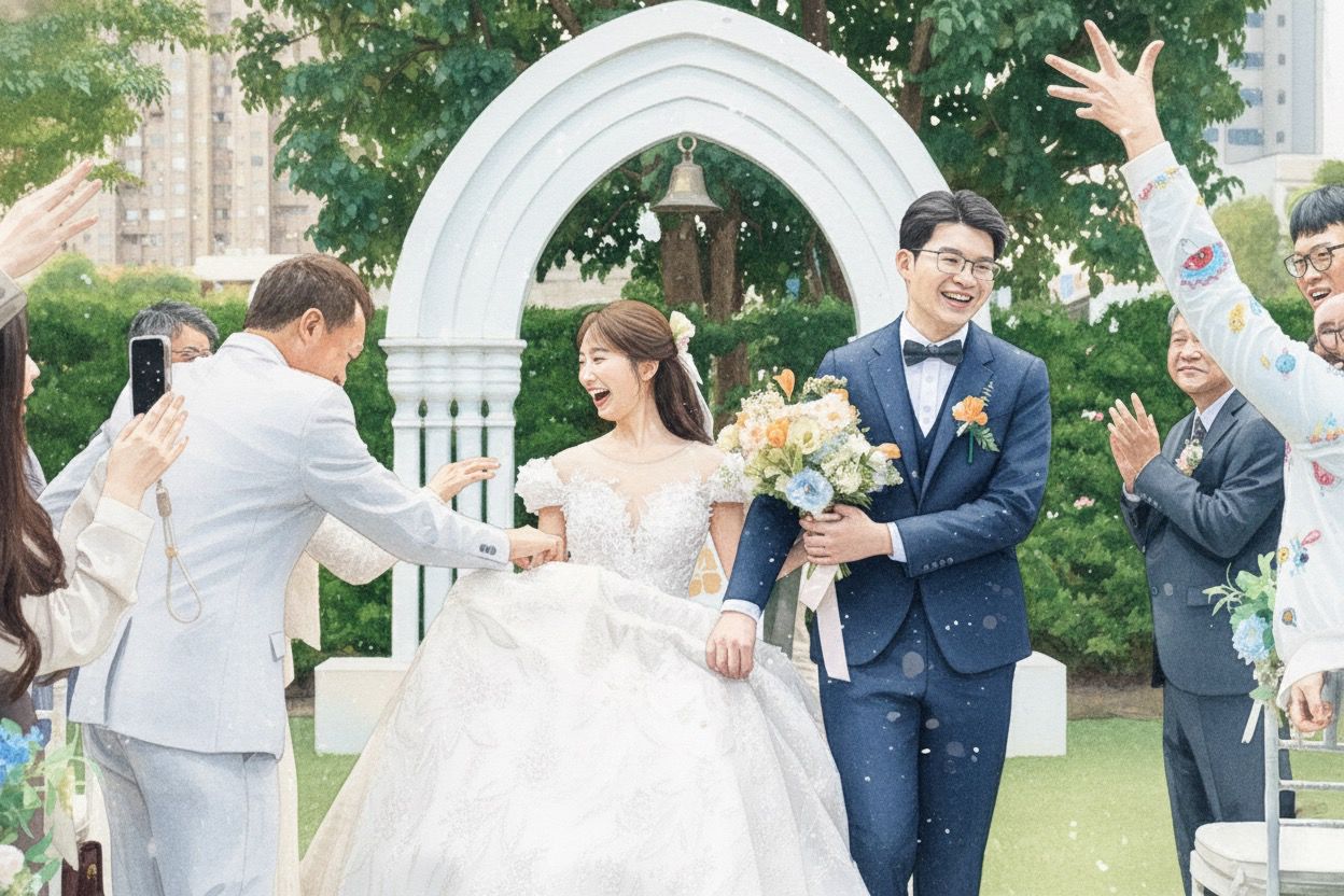 Wedding party celebrates joyfully under white garden arches during an outdoor summer ceremony.