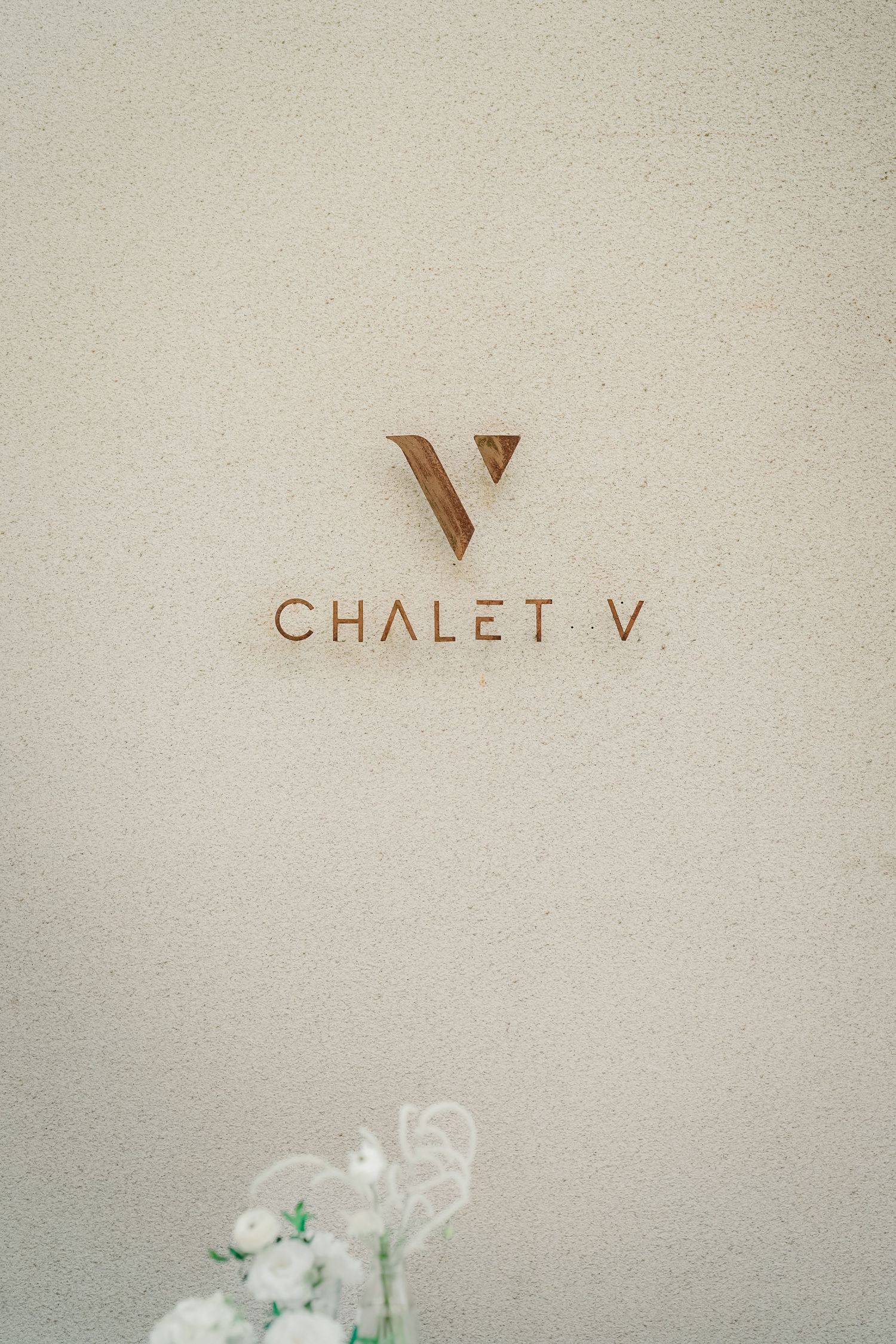 Minimalist brand identity design for Chalet V shown on textured light beige backgrounds with floral decorative elements.