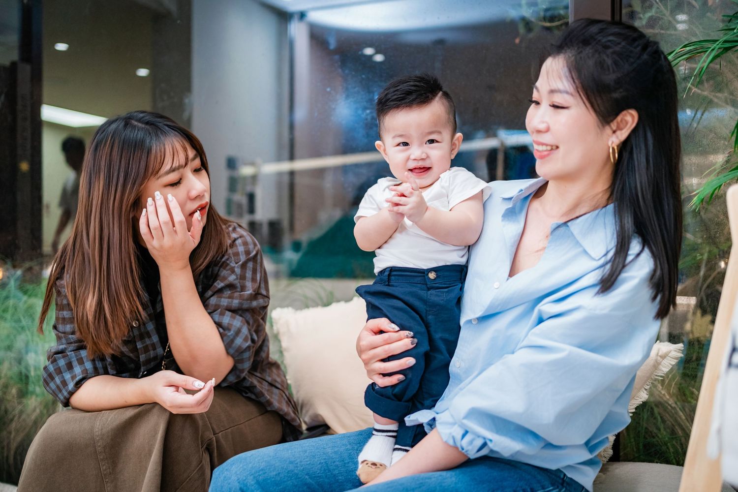 A series of candid family moments showing joyful interactions between parent and child in an outdoor setting.