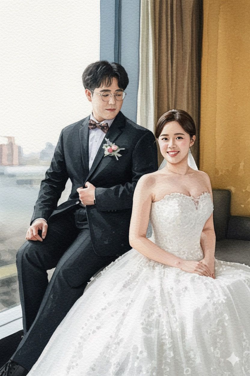 A bride in a white lace gown and groom in black tuxedo pose together in an elegant indoor setting.