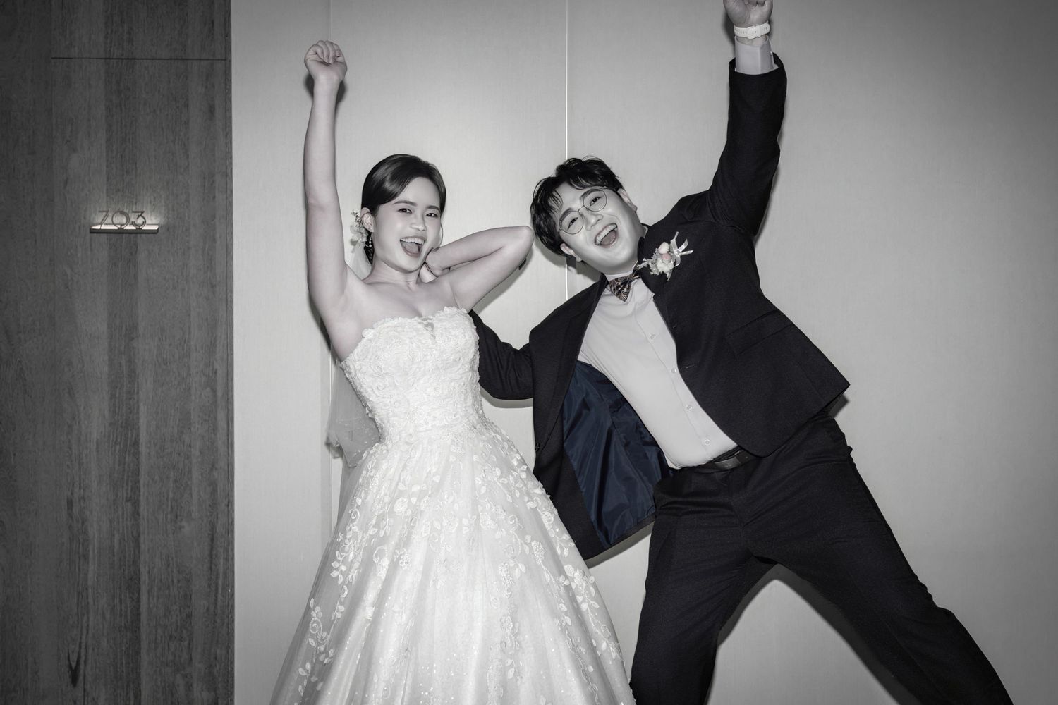 A series of black and white photos showing a couple dancing and posing together in formal attire.