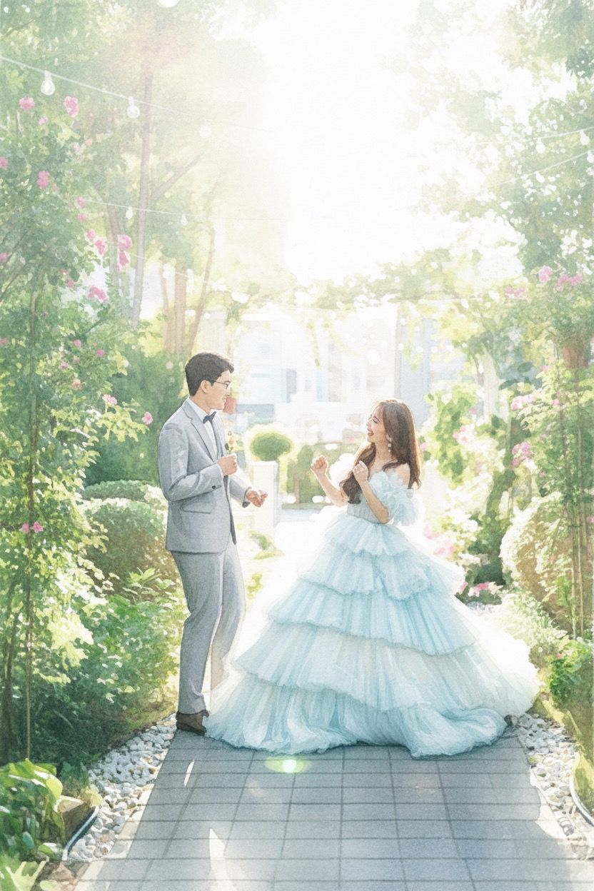 Couple in wedding attire pose together on a garden path with sunlit flowers and greenery creating a dreamy atmosphere.