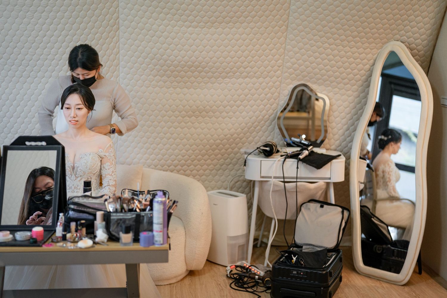 A collection of lifestyle photos showing interior decor, beauty products, and personal spaces in a minimalist style.