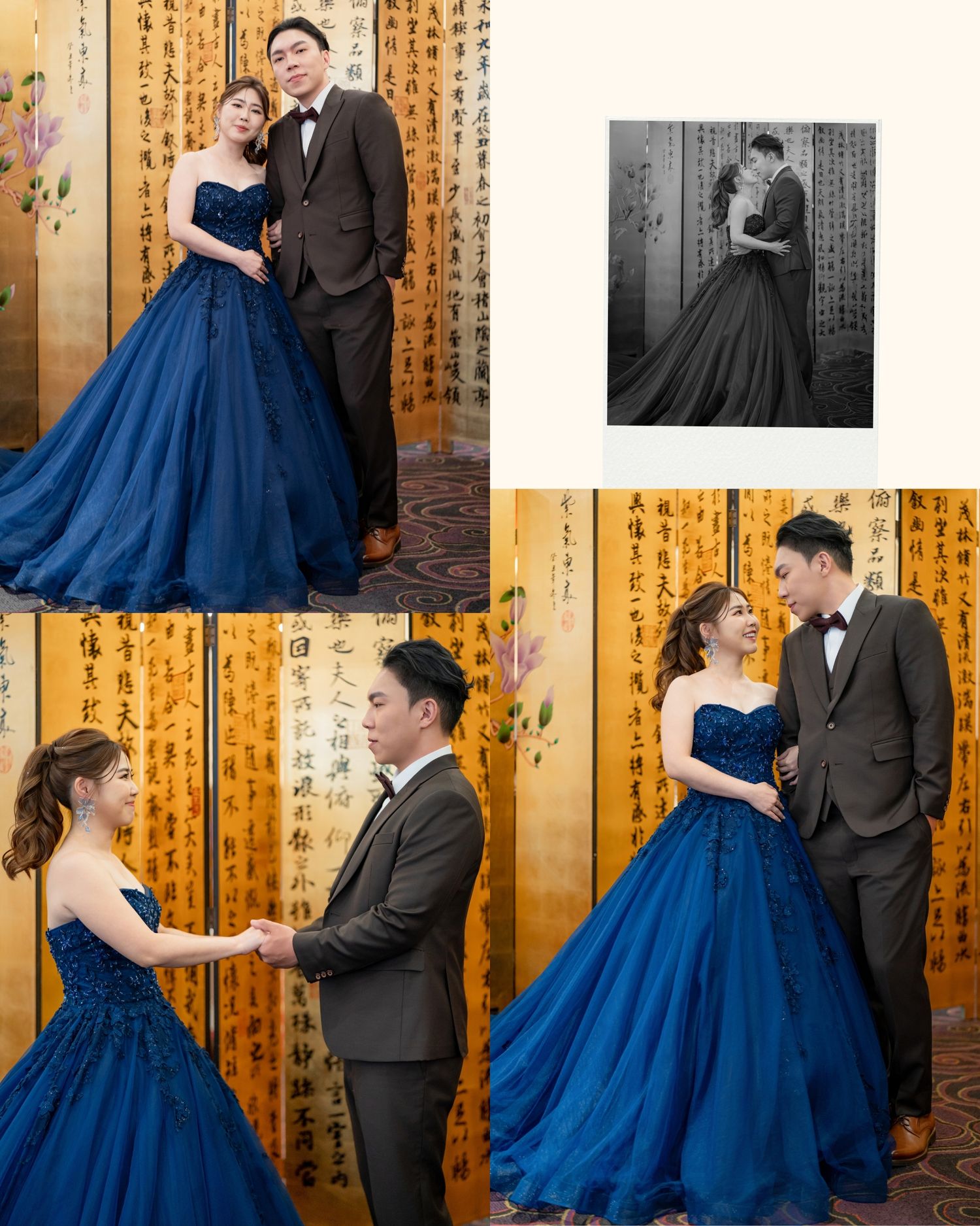 A couple in formal attire poses against a wall with Chinese calligraphy, the woman wearing a stunning royal blue ballgown.