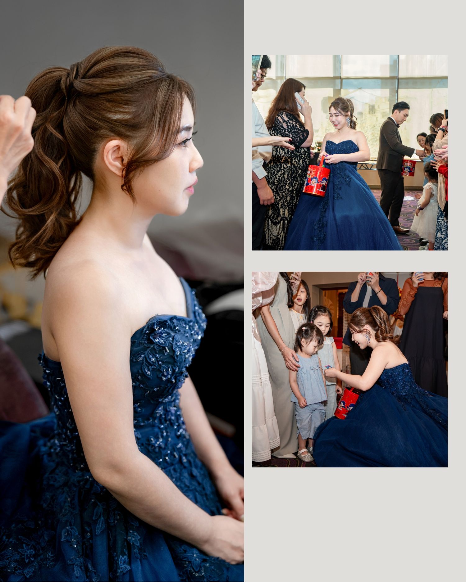 A wedding party in navy blue dresses and formal attire gathers during a celebration.