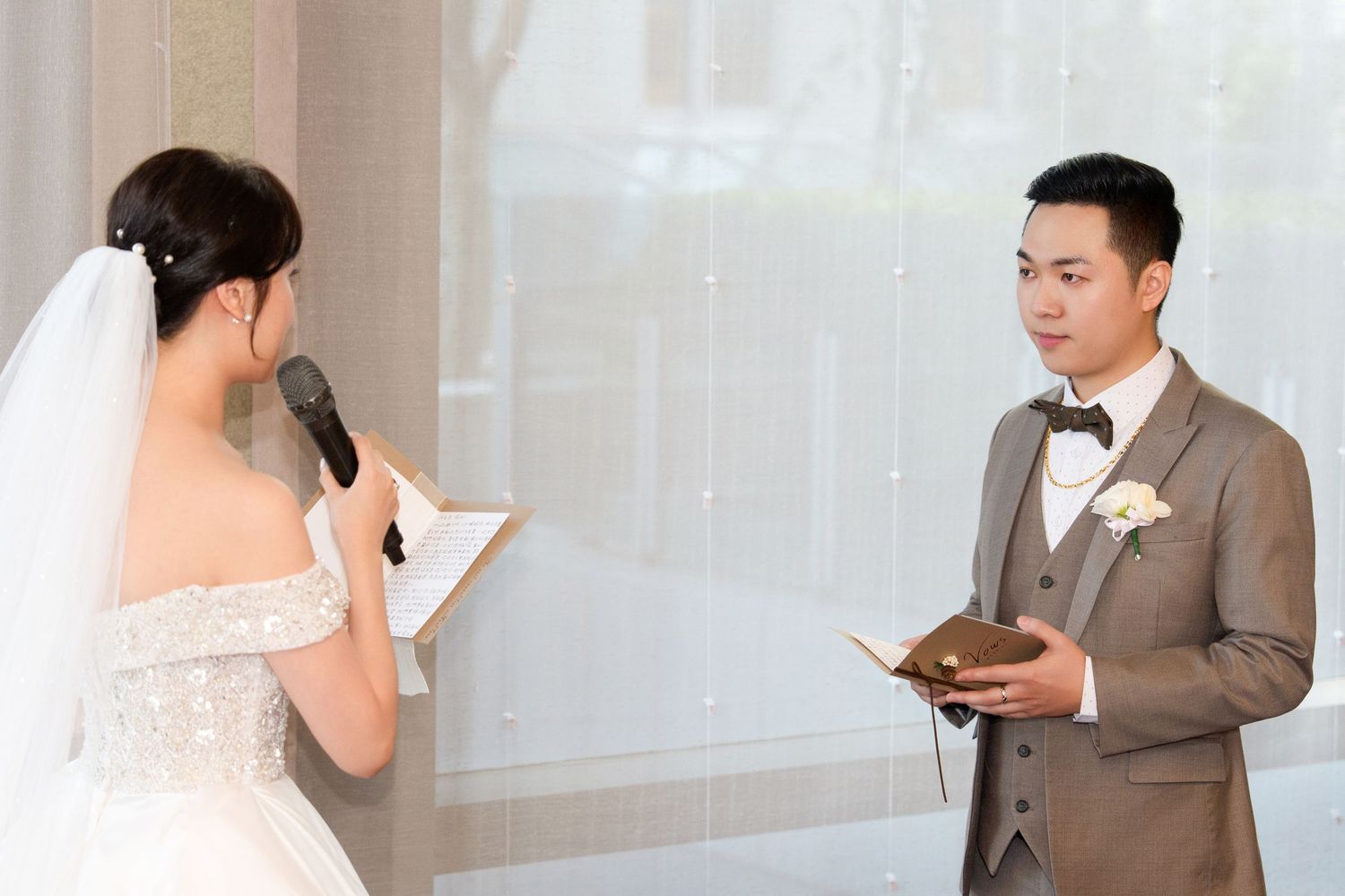 A wedding ceremony collage showing multiple angles of the bride and groom exchanging vows at the altar.