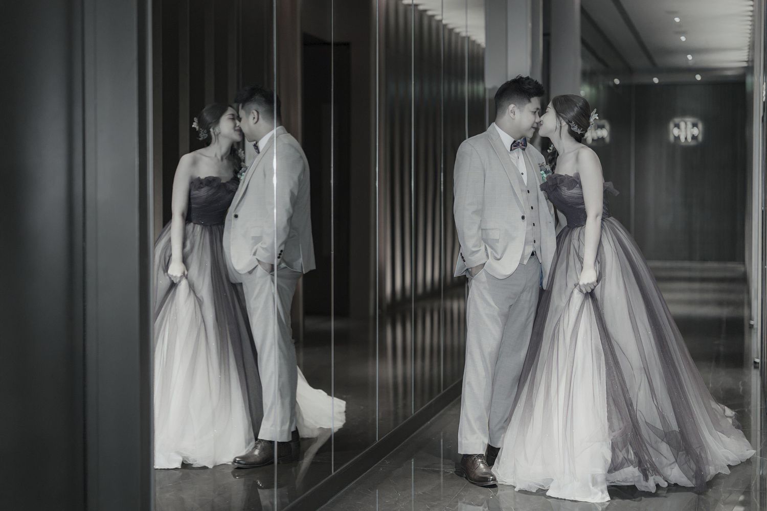 Black and white photos show a romantic couple dancing and embracing in an elegant hallway.