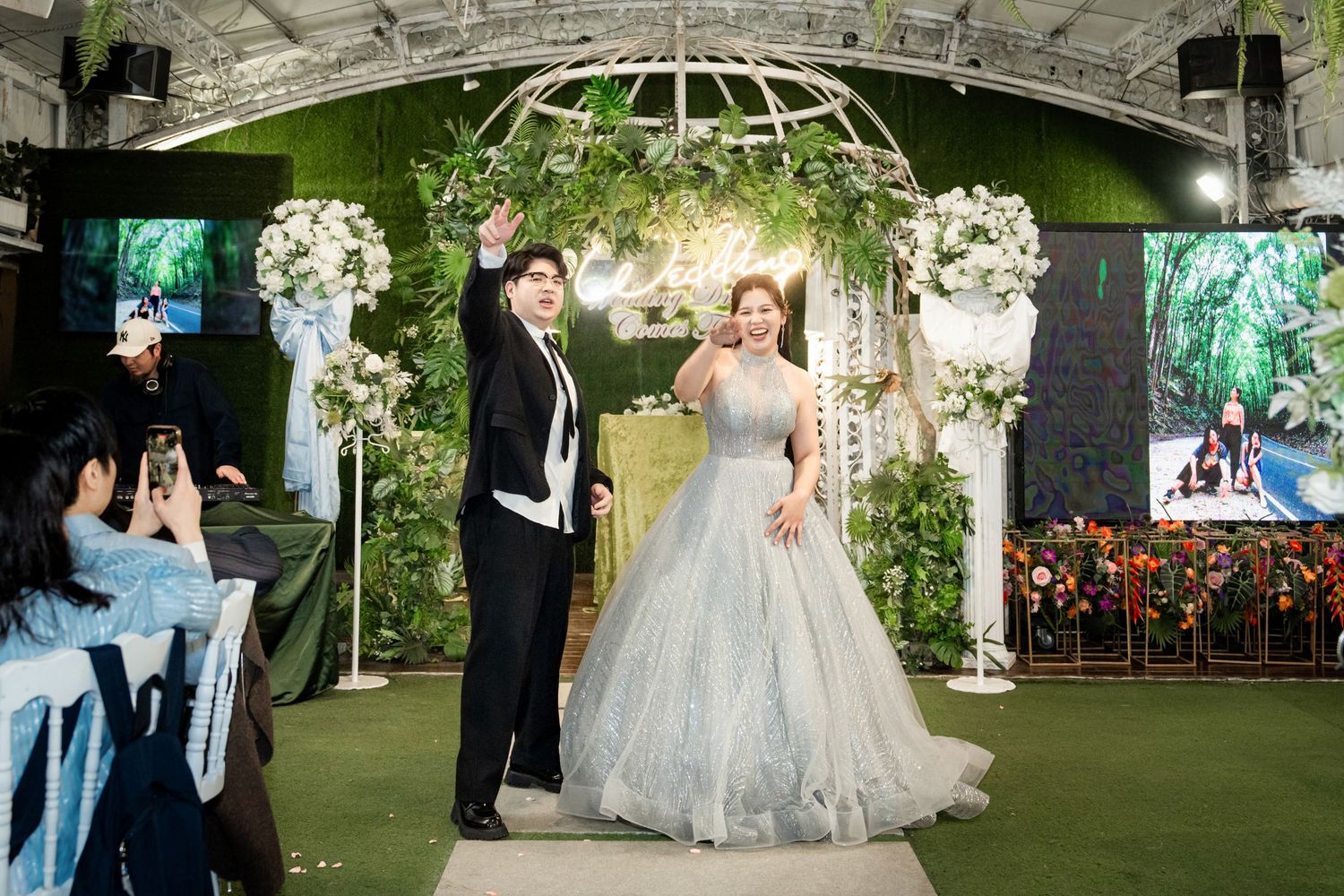 Wedding ceremony and reception photos showing couples in formal attire celebrating in an elegant outdoor garden setting.
