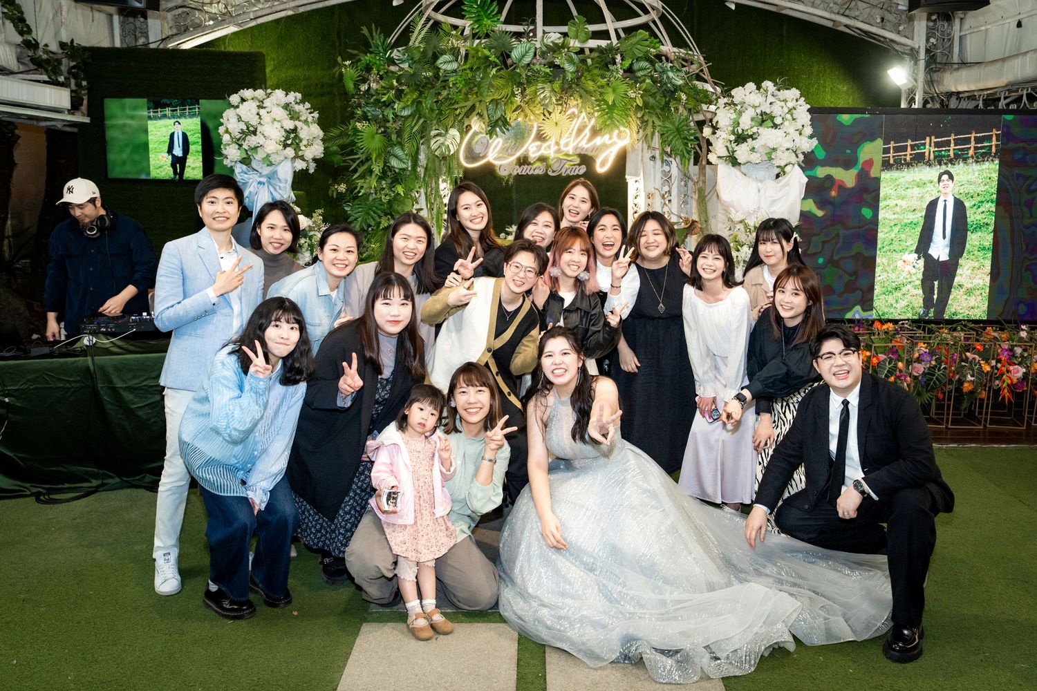 A series of wedding celebration photos showing guests and a couple at an indoor venue with floral decorations.