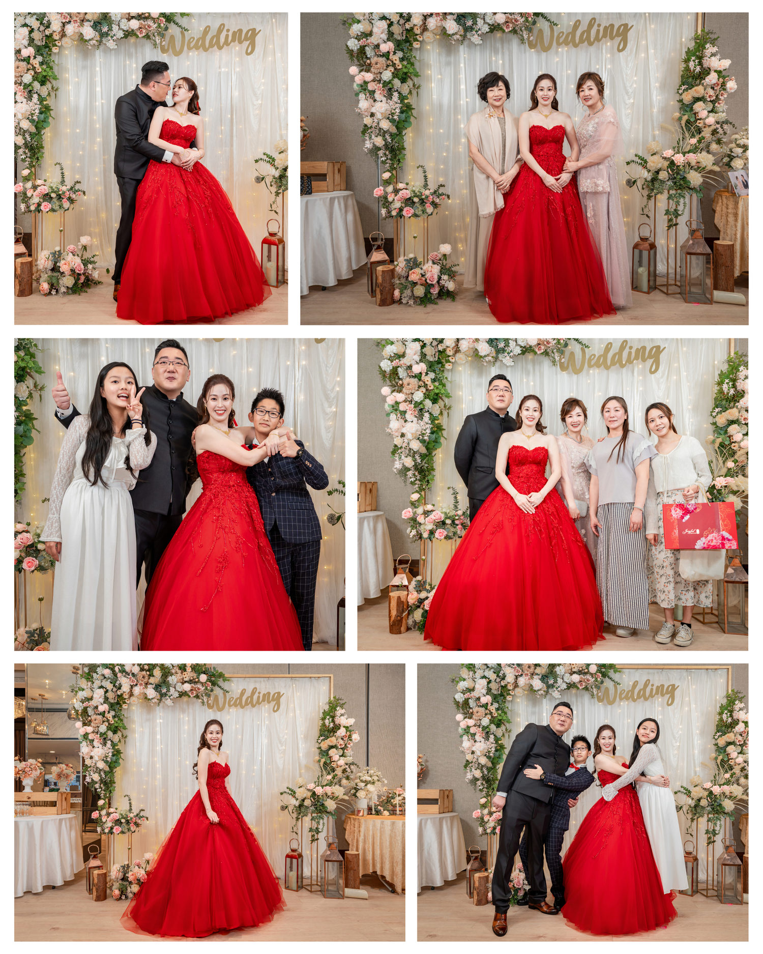 A wedding photo collection featuring a stunning red ballgown dress with floral decorations and elegant indoor studio settings.