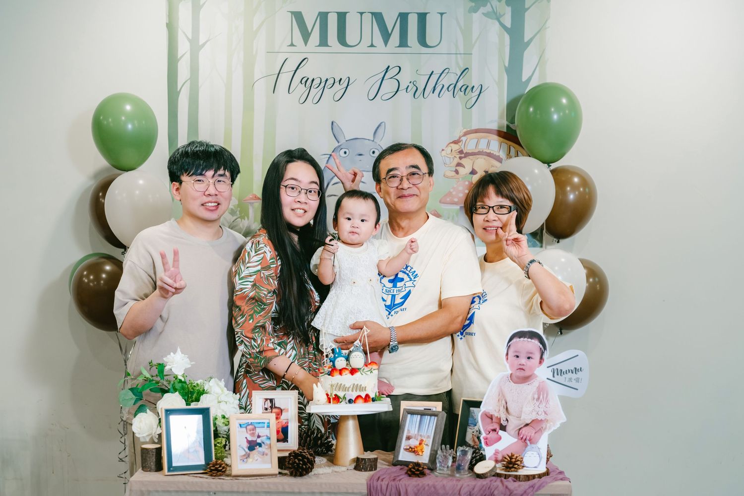A series of family birthday celebration photos with balloons and a MUMU photo backdrop displayed in a collage format.