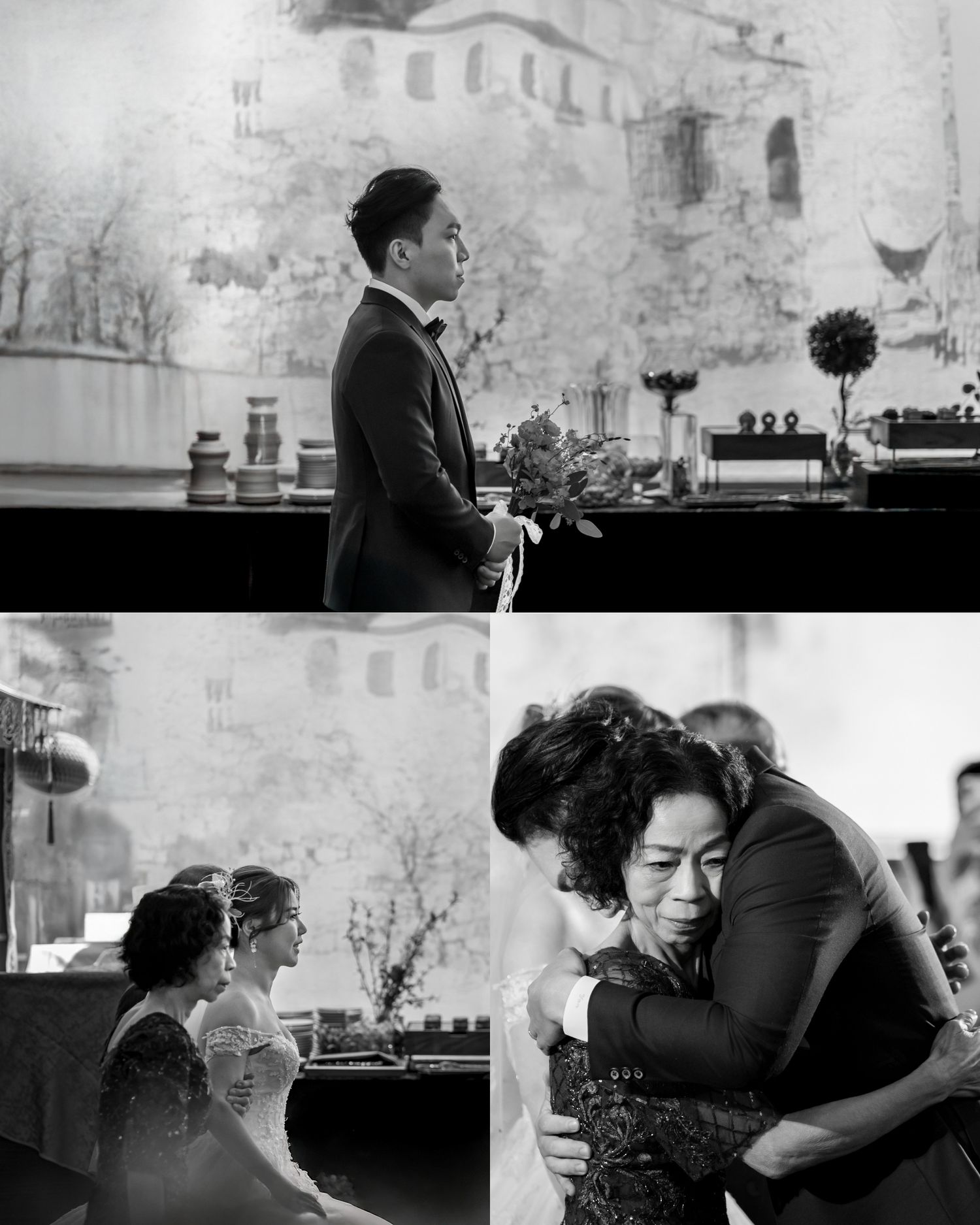 A series of black and white photographs showing intimate dance scenes and embraces in a vintage style.