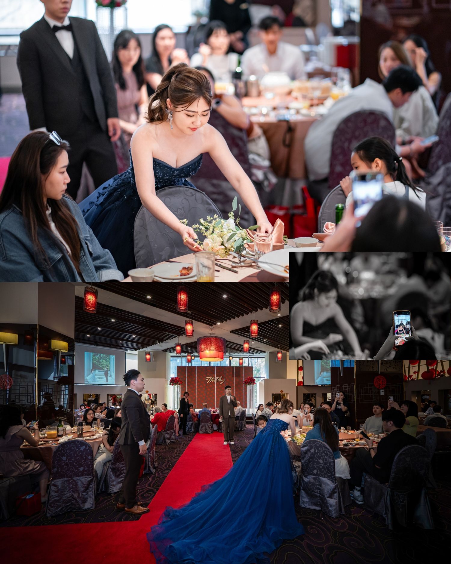 Wedding guests seated at elegant dining tables in a dimly lit reception venue with red and blue lighting accents.