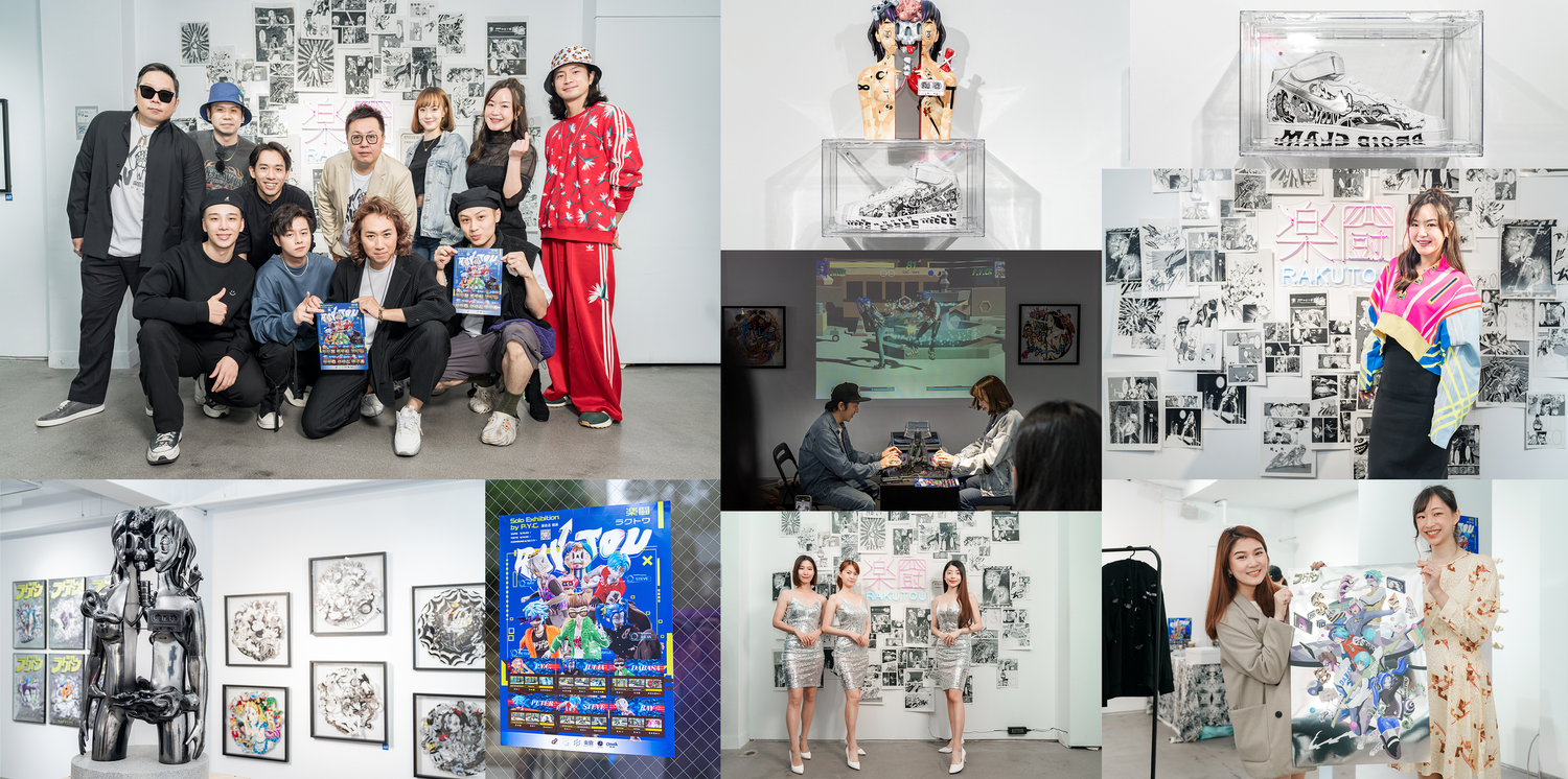 Collection of studio photo shoots showing various group poses against white walls with black and white artwork.