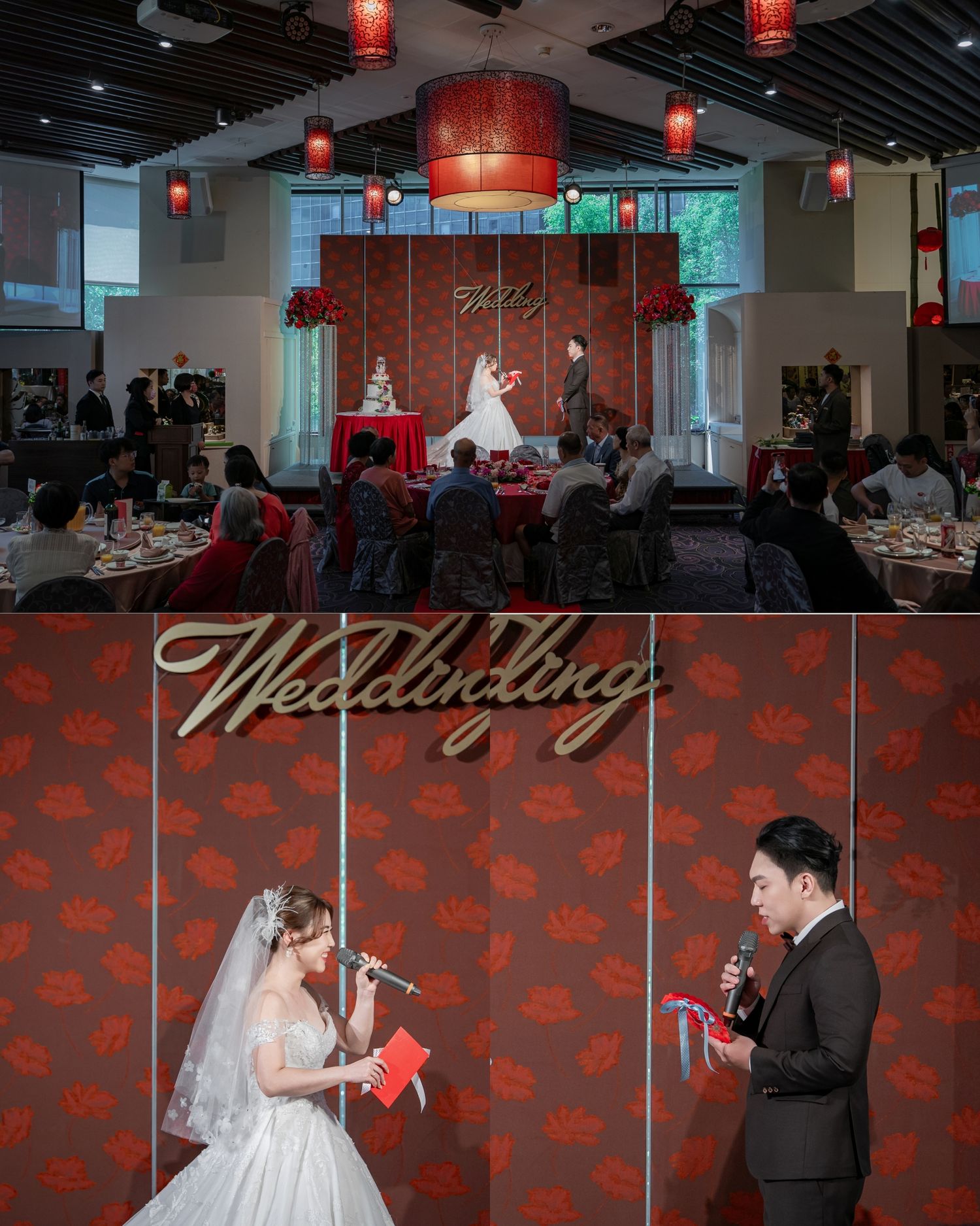 A wedding reception venue decorated with red lanterns and patterned walls features guests dining at tables.