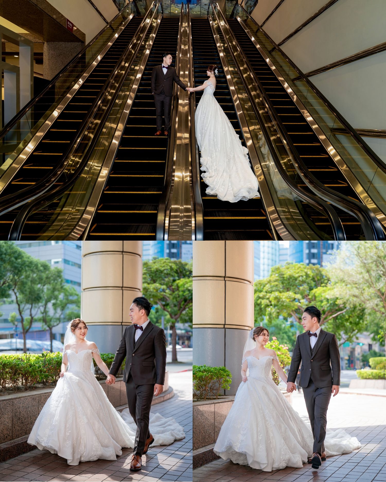 A white wedding dress on an illuminated escalator and a couple walking together outdoors in formal wedding attire.