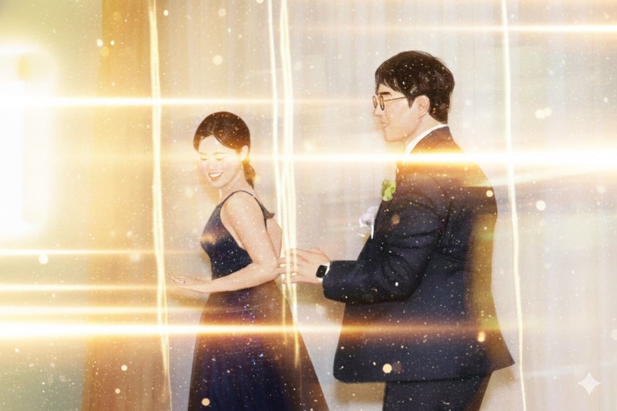 Artistic illustration of two figures standing back to back with glowing light effects and window reflections.