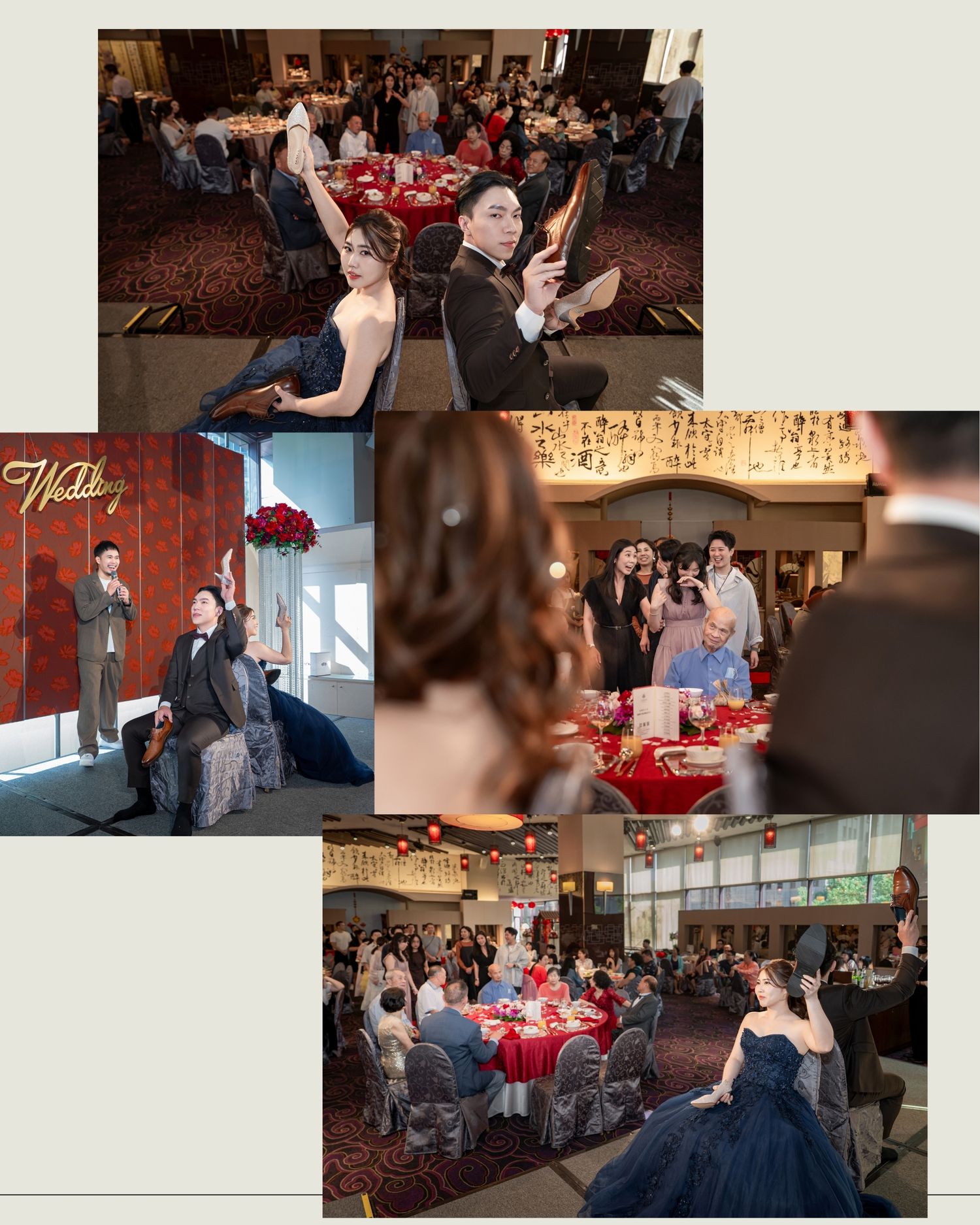 Wedding guests dancing and celebrating on a dance floor during an evening reception at an indoor venue.